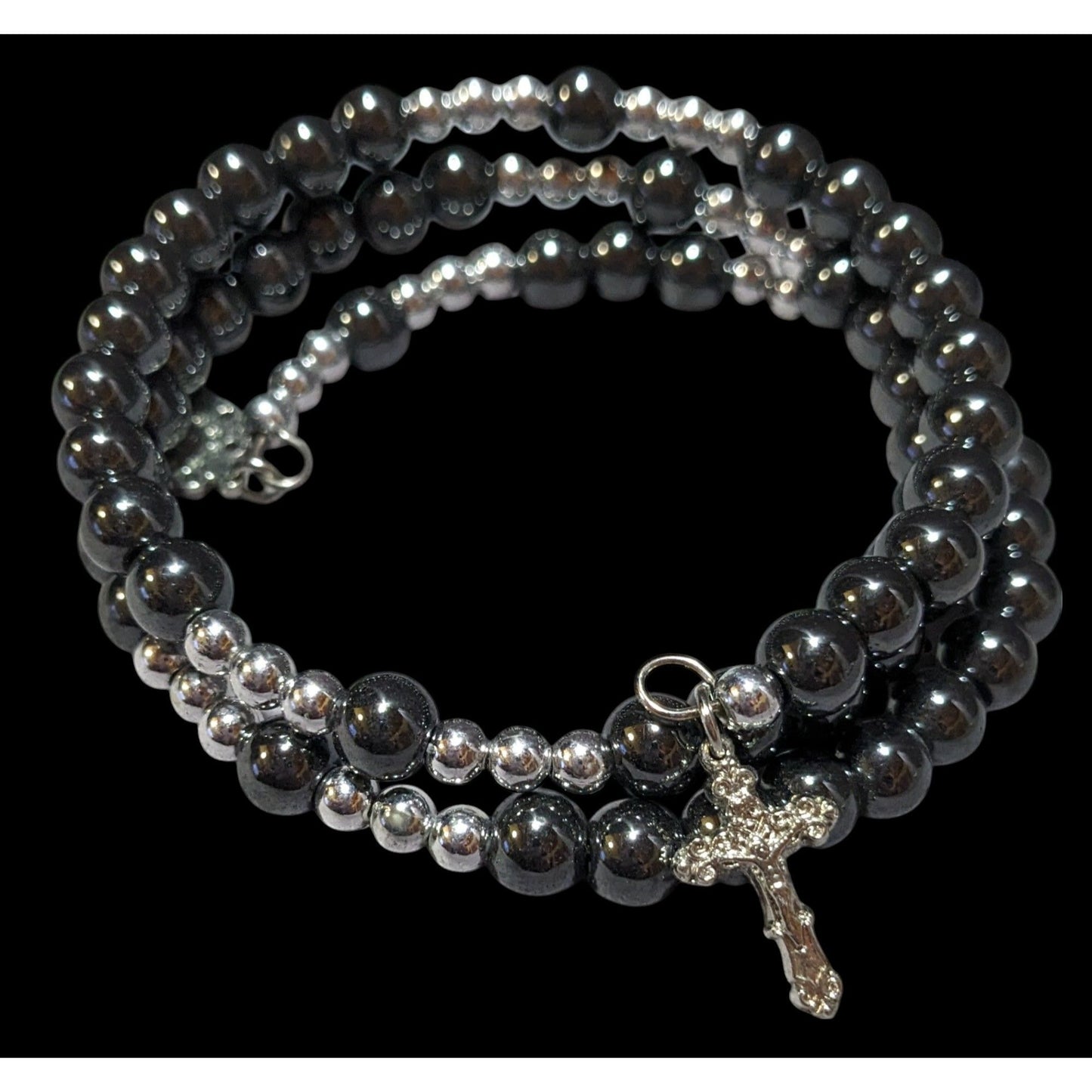 Catholic Hematite And Silver Tone Beaded Rosary Wrap Bracelet