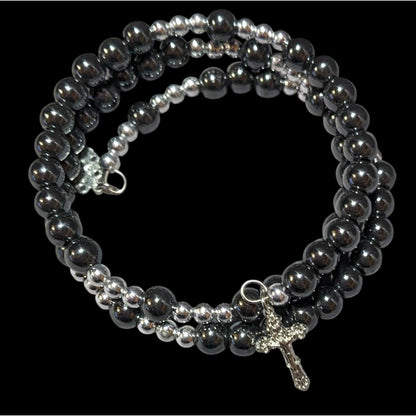 Catholic Hematite And Silver Tone Beaded Rosary Wrap Bracelet