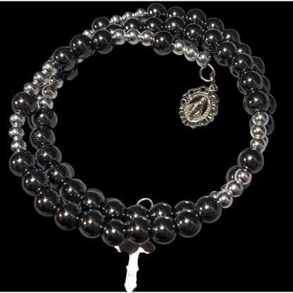 Catholic Hematite And Silver Tone Beaded Rosary Wrap Bracelet