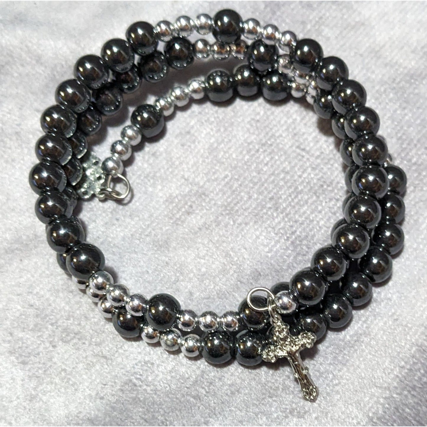 Catholic Hematite And Silver Tone Beaded Rosary Wrap Bracelet