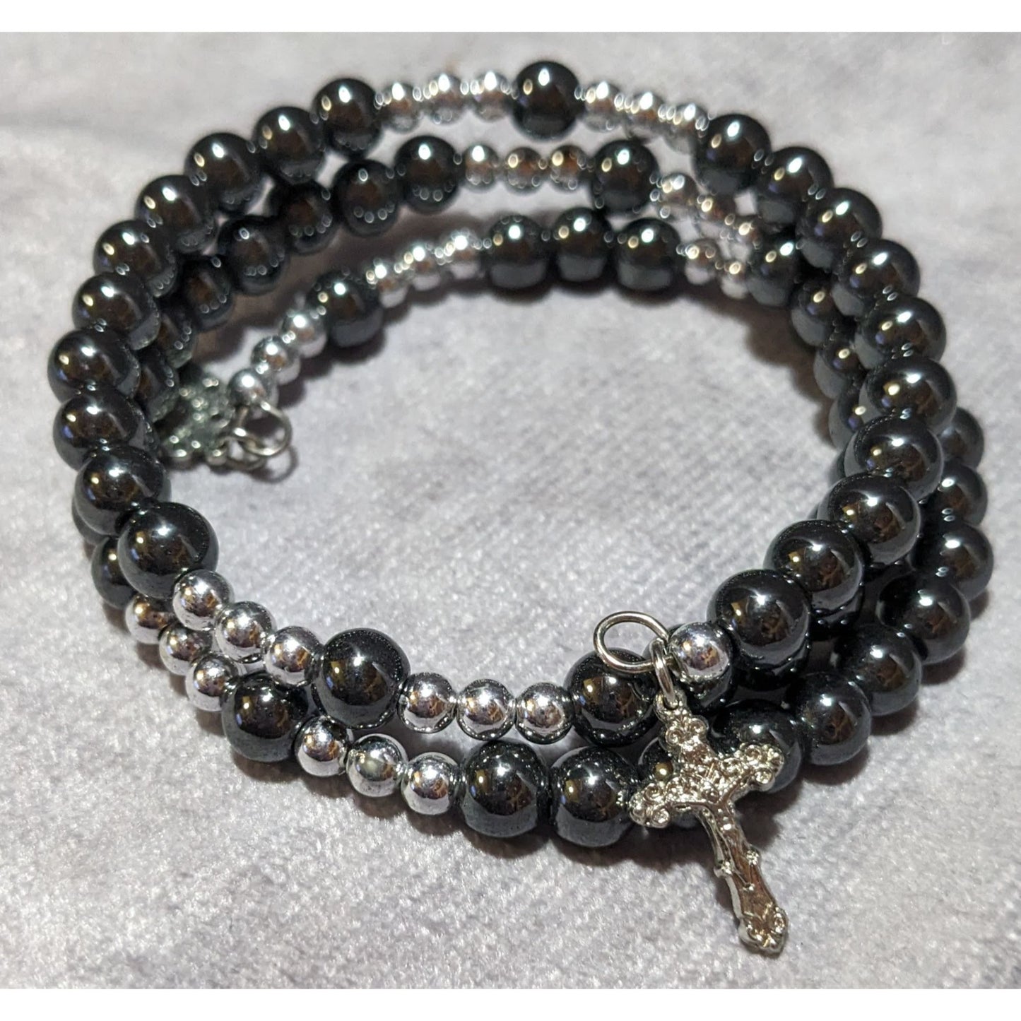 Catholic Hematite And Silver Tone Beaded Rosary Wrap Bracelet