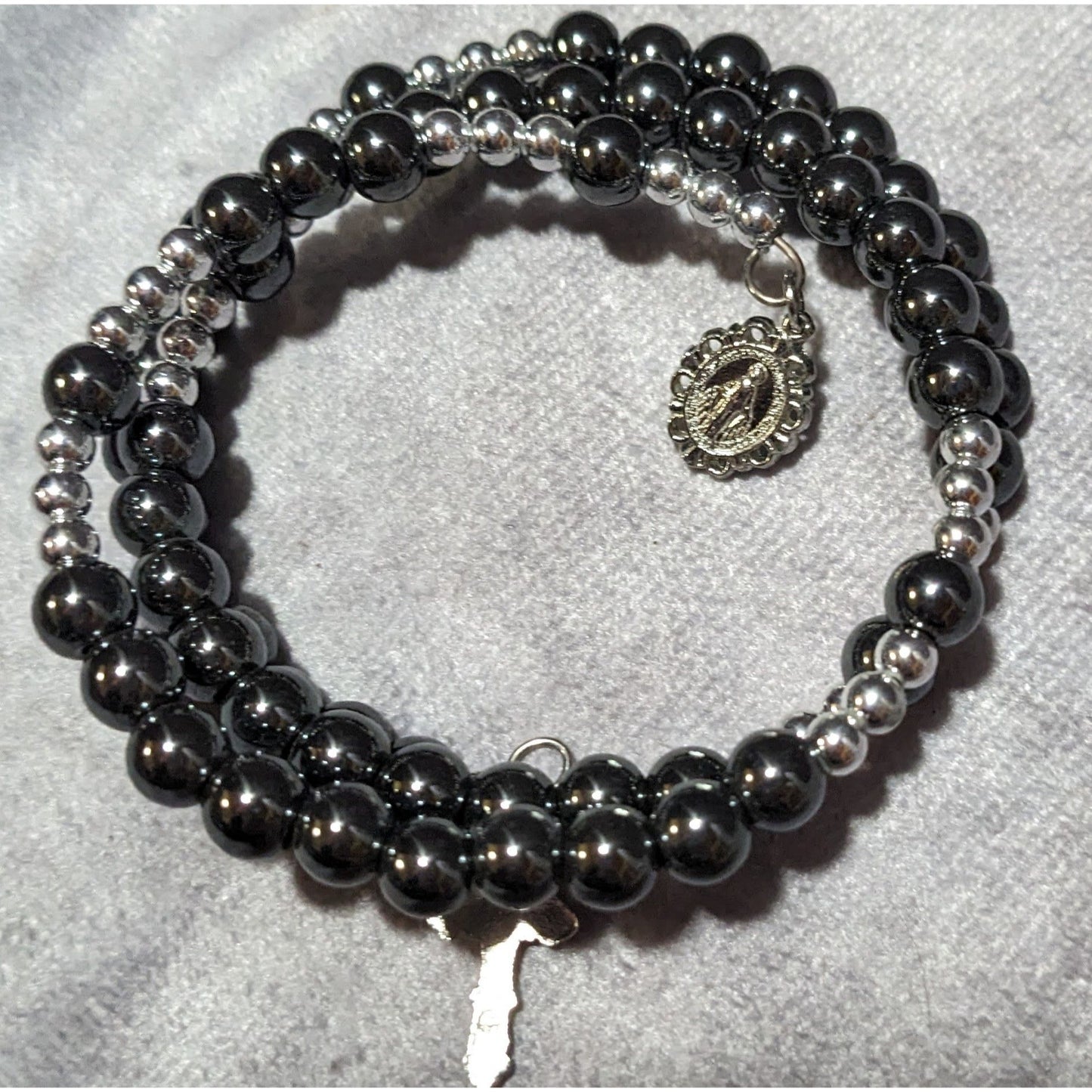 Catholic Hematite And Silver Tone Beaded Rosary Wrap Bracelet