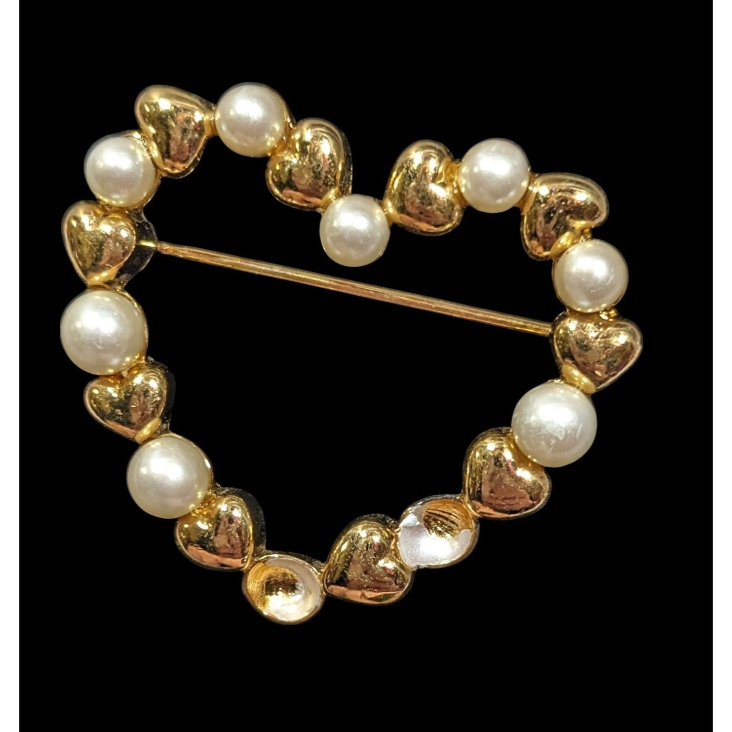 Vintage Open heart Gold Tone And Faux Pearl Brooch