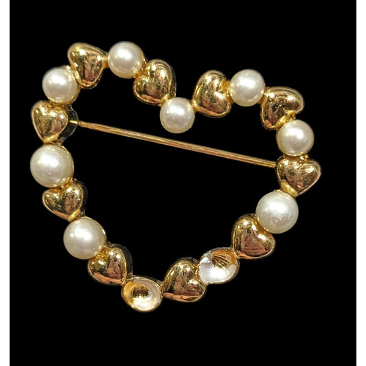 Vintage Open heart Gold Tone And Faux Pearl Brooch