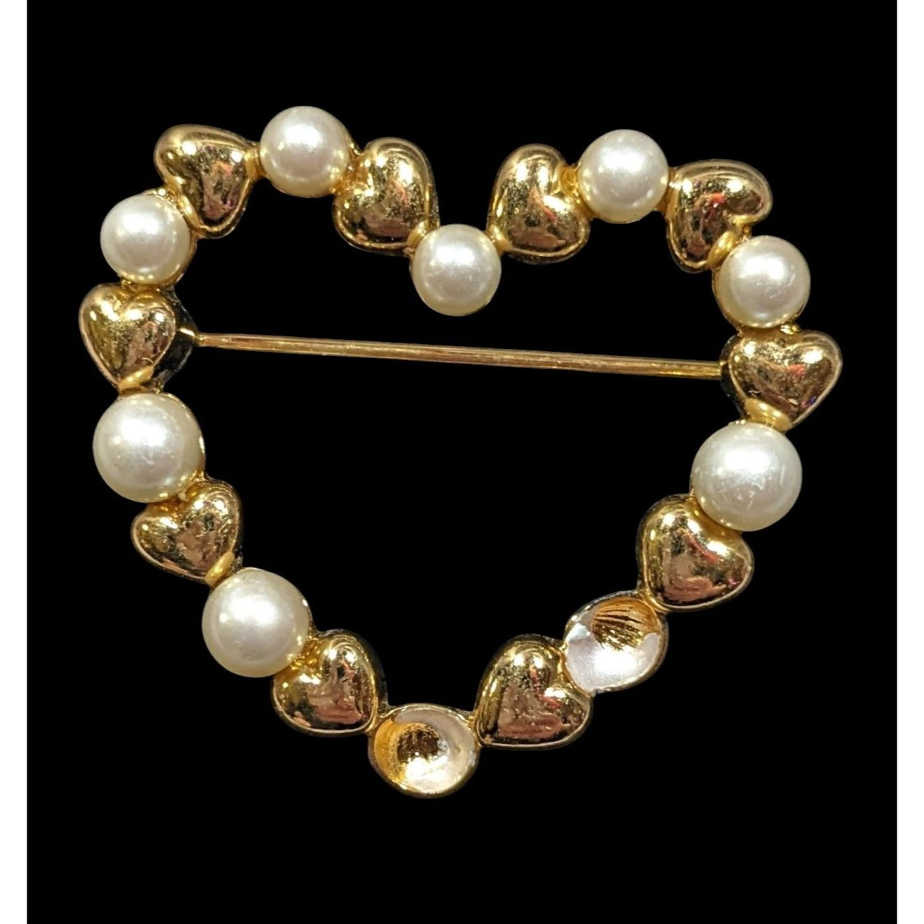 Vintage Open heart Gold Tone And Faux Pearl Brooch