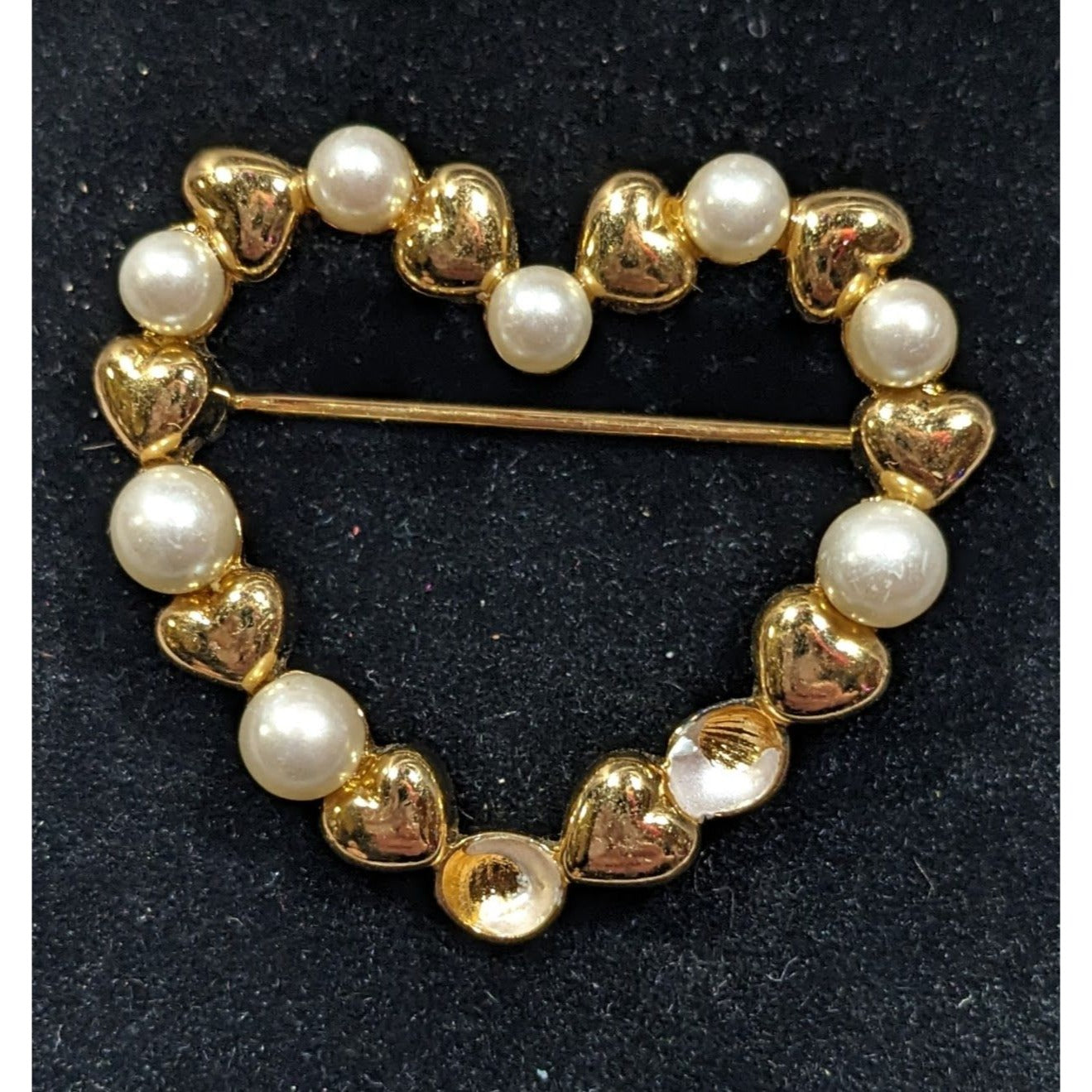 Vintage Open heart Gold Tone And Faux Pearl Brooch