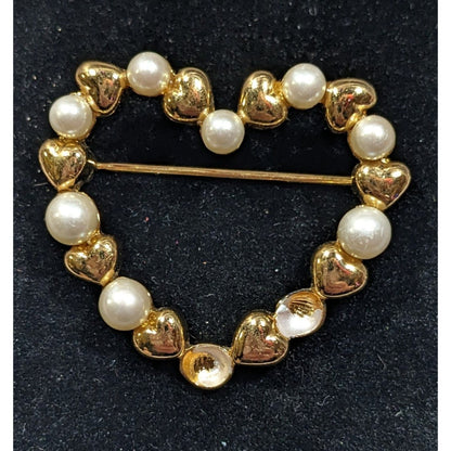 Vintage Open heart Gold Tone And Faux Pearl Brooch