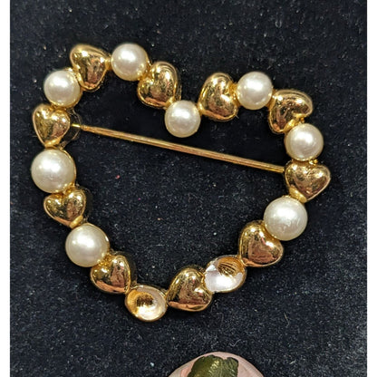 Vintage Open heart Gold Tone And Faux Pearl Brooch