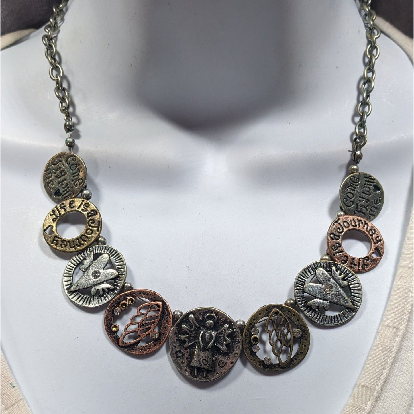 Rustic Religious Motivational Multi Metallic Medallion Charm Necklace