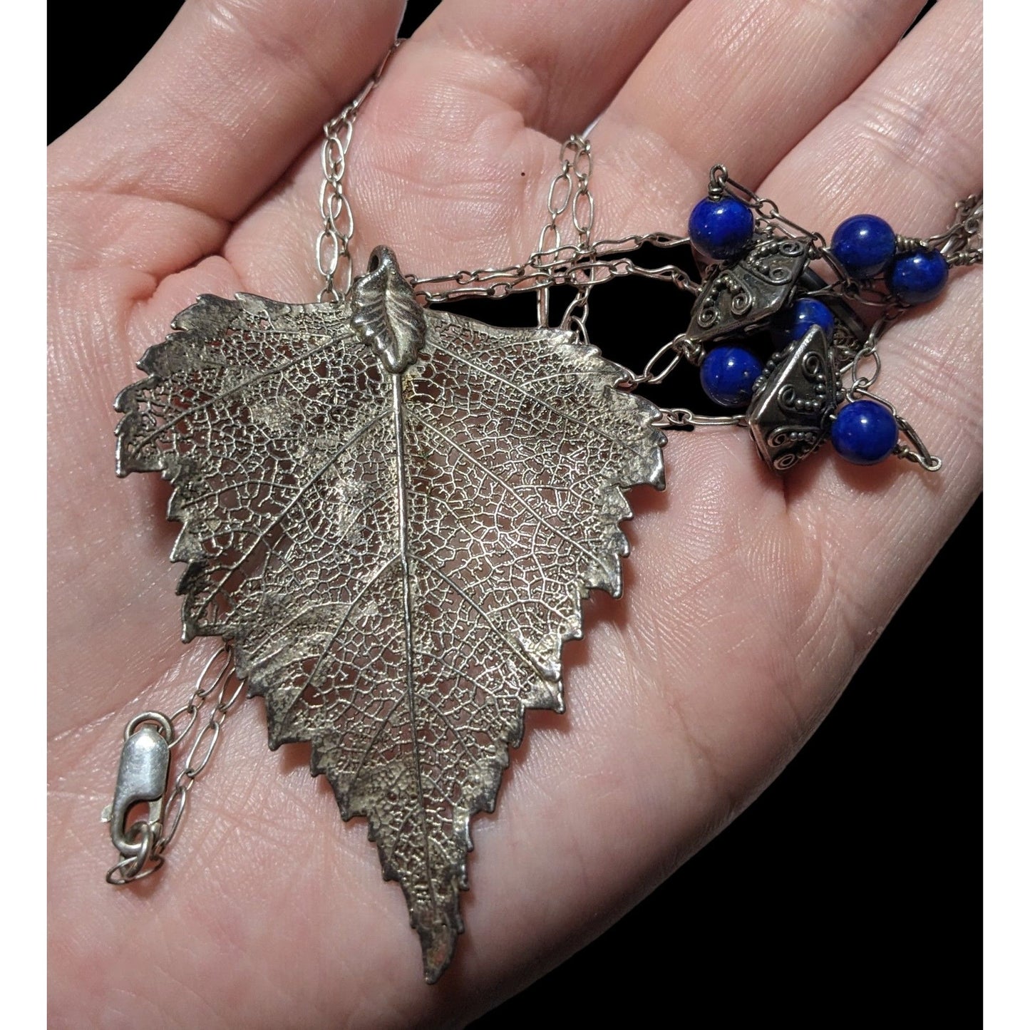 Vintage Silver And Blue Electroplated Birch Leaf Necklace