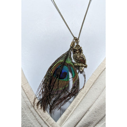 Peacock Feather Owl Charm Necklace