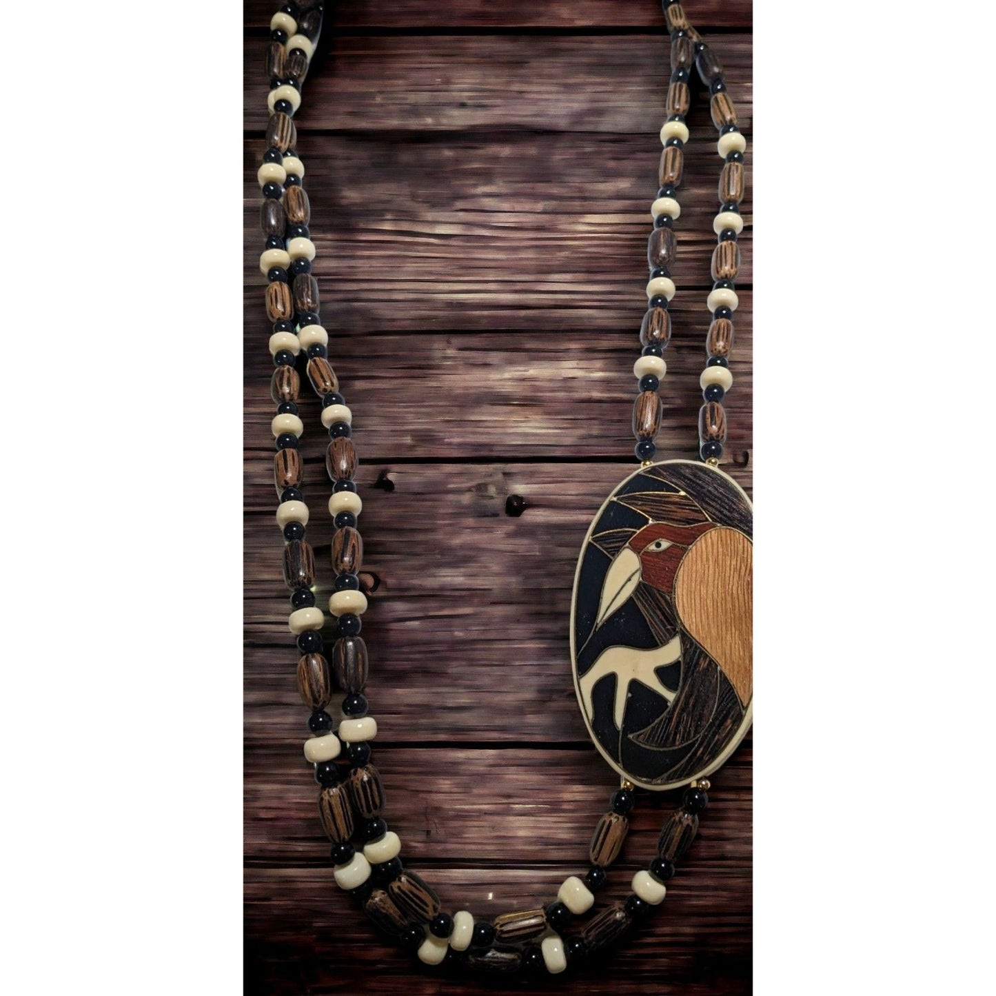 Vintage Wooden Beaded Bird Necklace