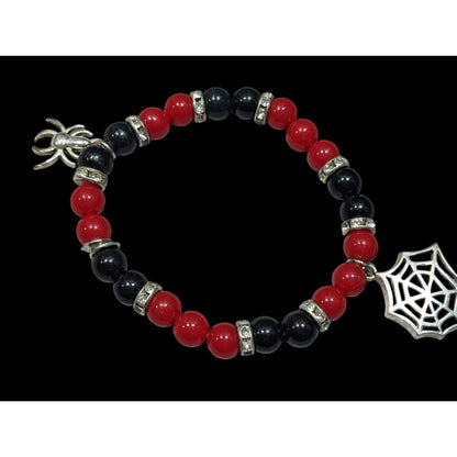 Gothic Halloween Red And Black Spider Themed Stretch Bracelet