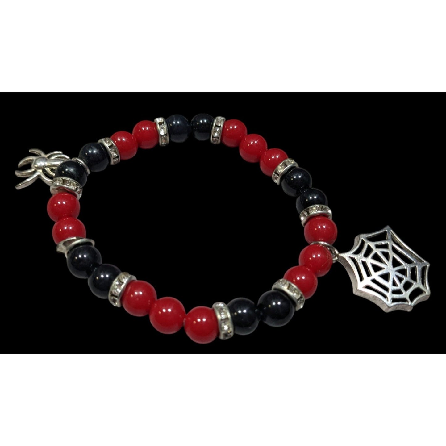 Gothic Halloween Red And Black Spider Themed Stretch Bracelet