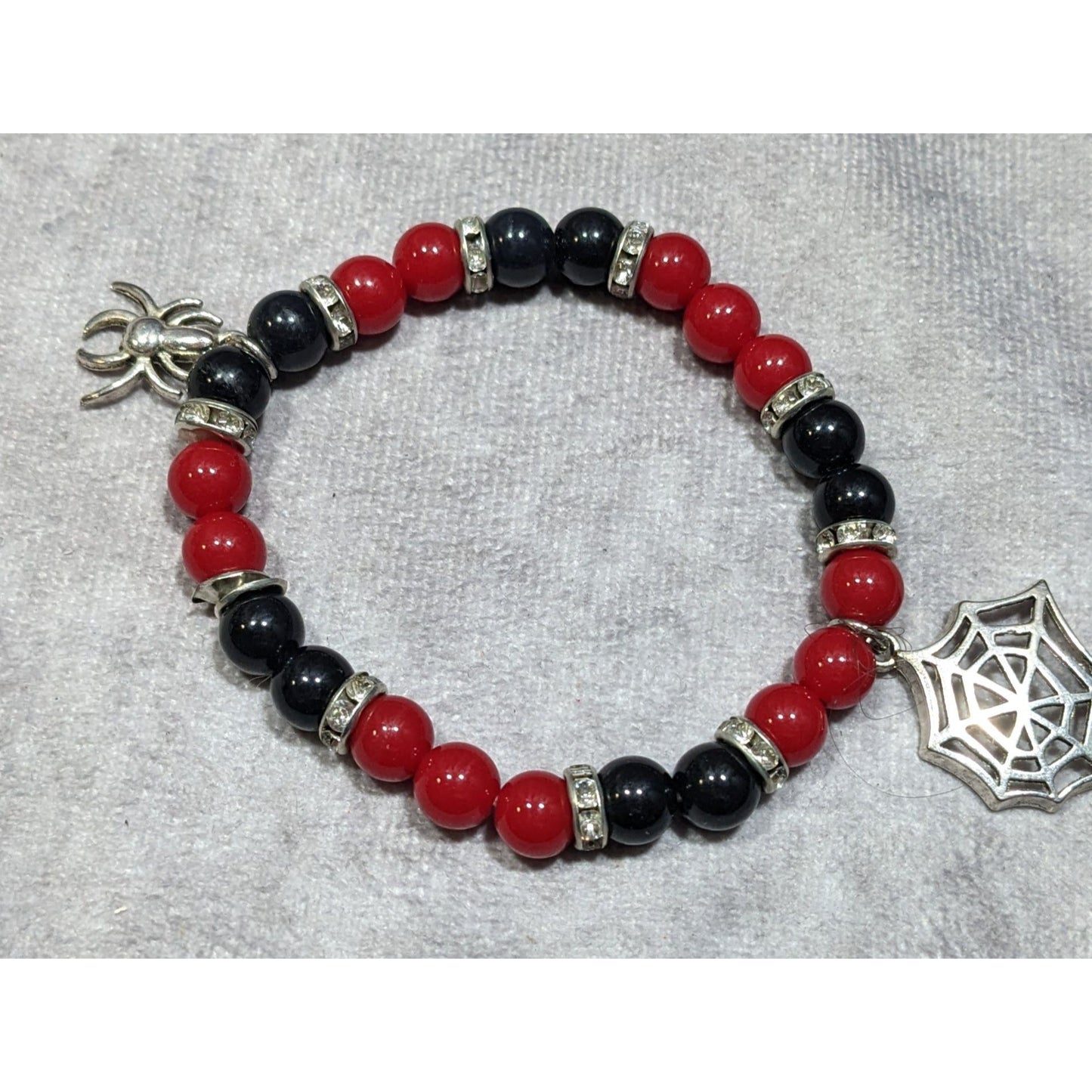 Gothic Halloween Red And Black Spider Themed Stretch Bracelet