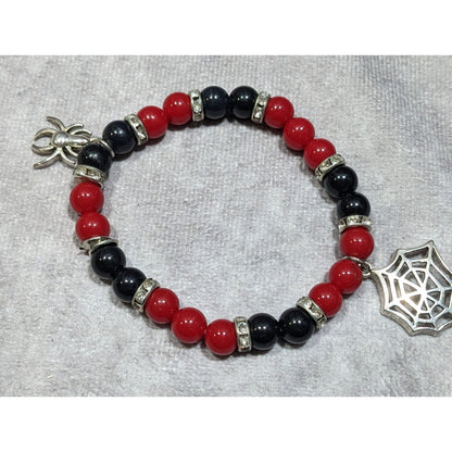 Gothic Halloween Red And Black Spider Themed Stretch Bracelet