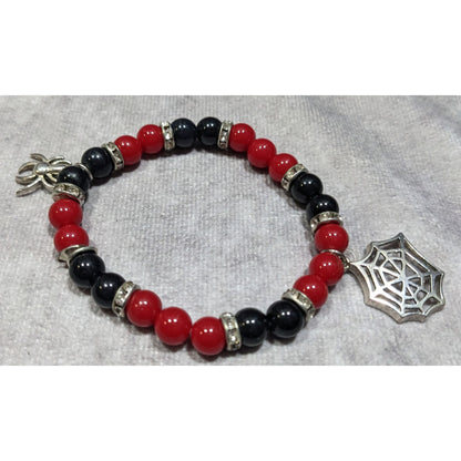 Gothic Halloween Red And Black Spider Themed Stretch Bracelet