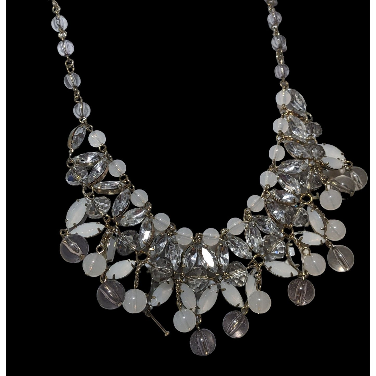 Elegant White And Silver Beaded Gem Bib Necklace