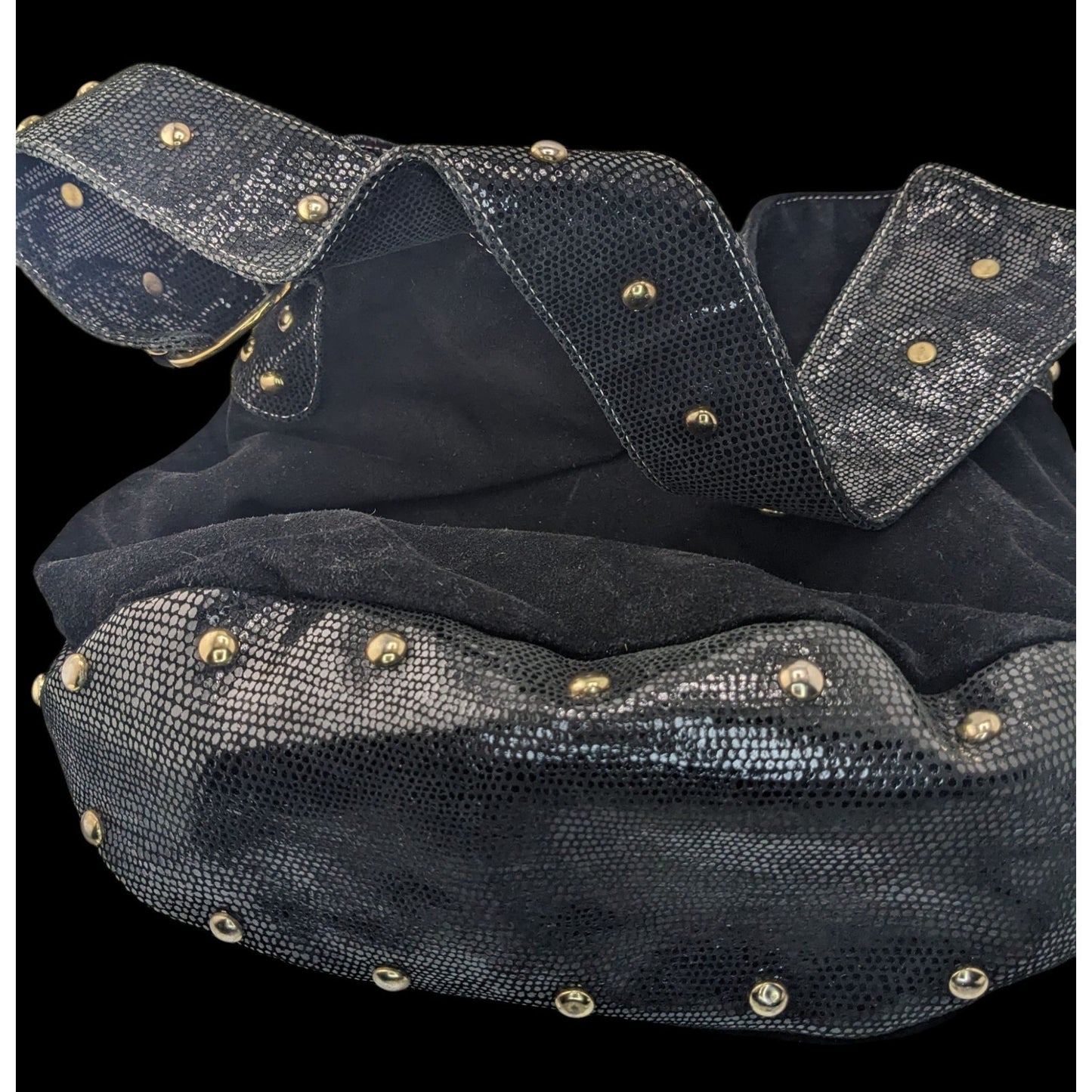Glam Goth Kiki Pearl Black Suede & Faux Snakeskin Studded Shoulder Bag With Hot Pink Lining