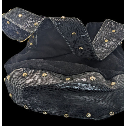 Glam Goth Kiki Pearl Black Suede & Faux Snakeskin Studded Shoulder Bag With Hot Pink Lining
