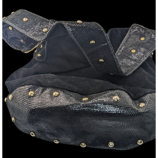 Glam Goth Kiki Pearl Black Suede & Faux Snakeskin Studded Shoulder Bag With Hot Pink Lining