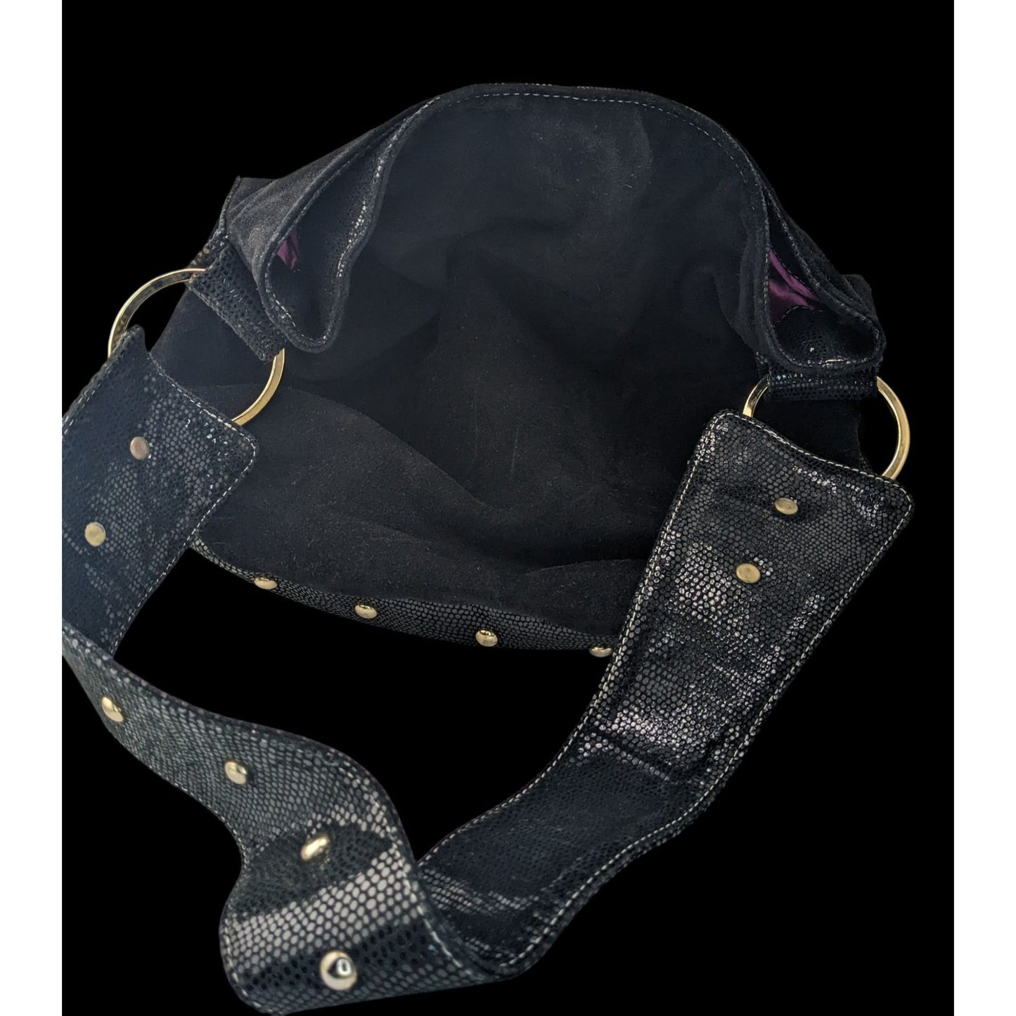 Glam Goth Kiki Pearl Black Suede & Faux Snakeskin Studded Shoulder Bag With Hot Pink Lining