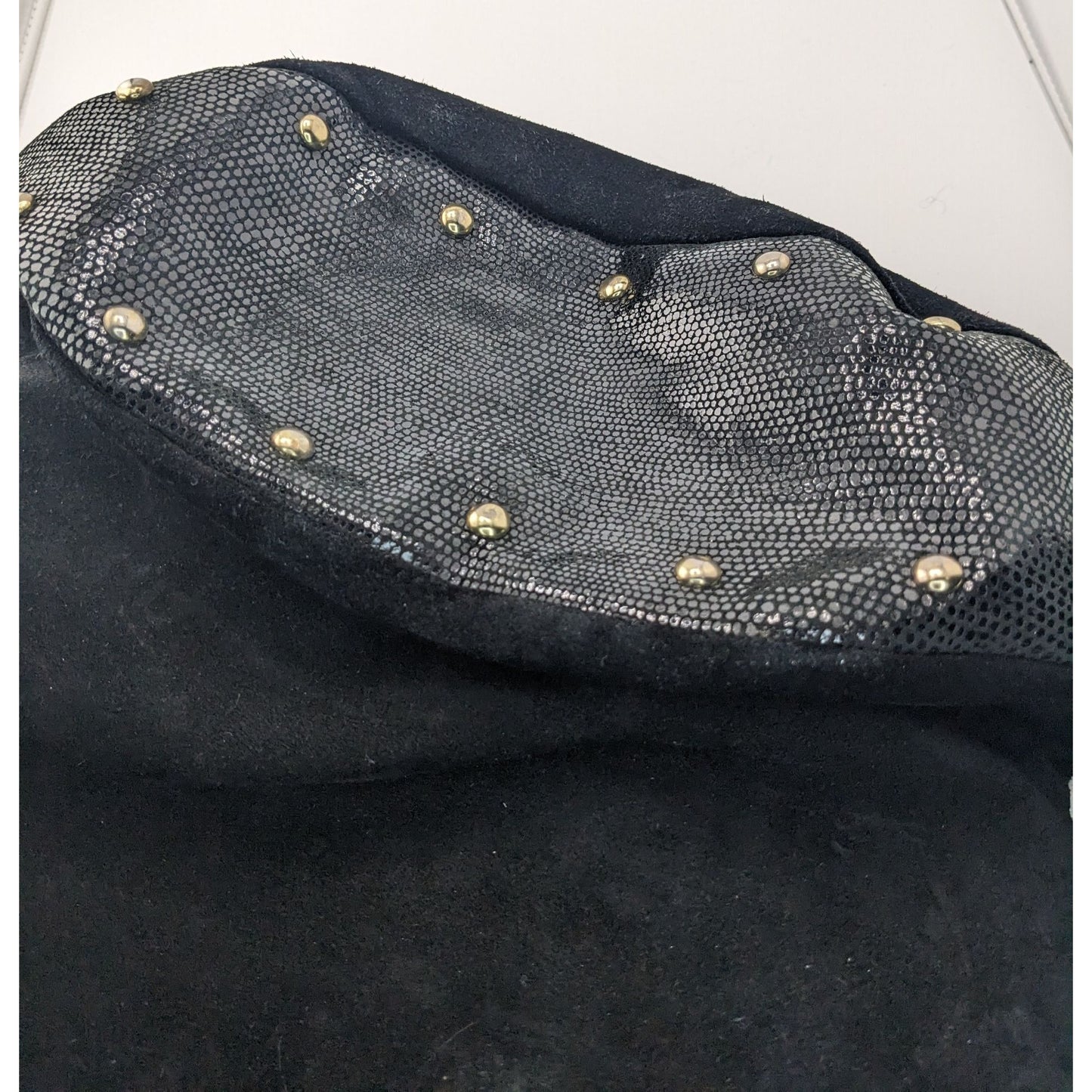 Glam Goth Kiki Pearl Black Suede & Faux Snakeskin Studded Shoulder Bag With Hot Pink Lining