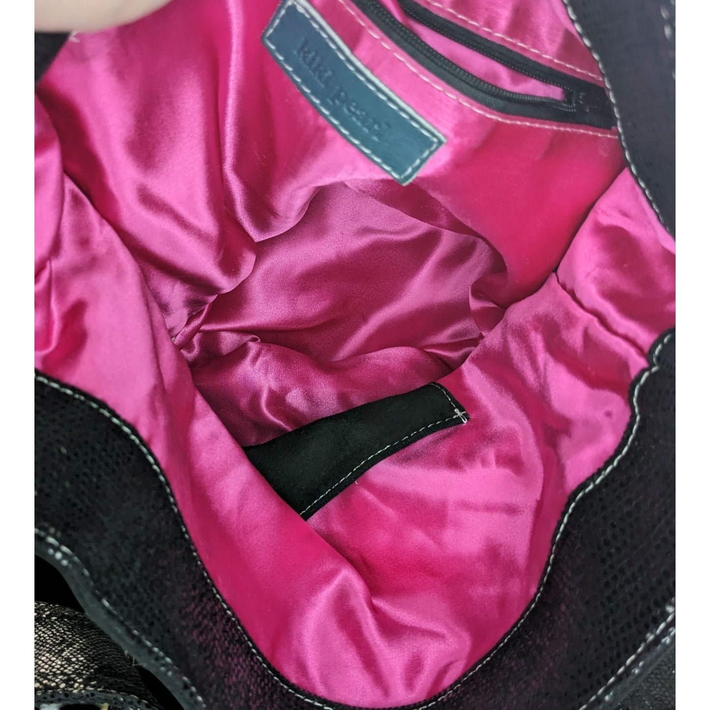 Glam Goth Kiki Pearl Black Suede & Faux Snakeskin Studded Shoulder Bag With Hot Pink Lining