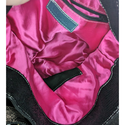 Glam Goth Kiki Pearl Black Suede & Faux Snakeskin Studded Shoulder Bag With Hot Pink Lining
