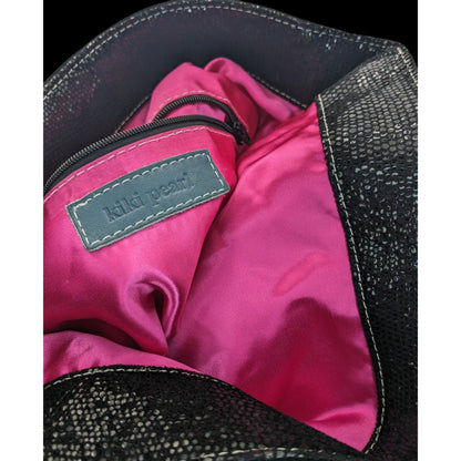 Glam Goth Kiki Pearl Black Suede & Faux Snakeskin Studded Shoulder Bag With Hot Pink Lining