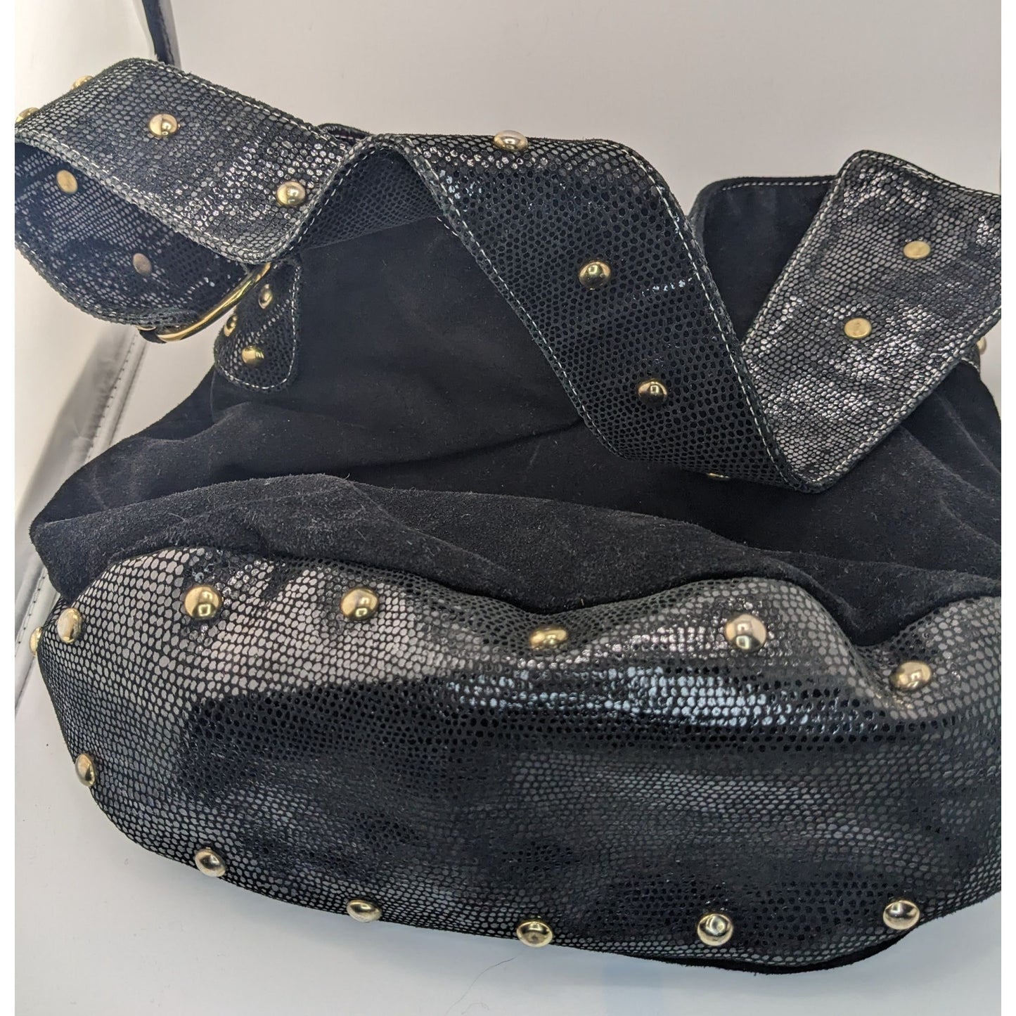 Glam Goth Kiki Pearl Black Suede & Faux Snakeskin Studded Shoulder Bag With Hot Pink Lining
