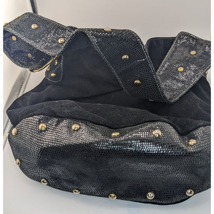 Glam Goth Kiki Pearl Black Suede & Faux Snakeskin Studded Shoulder Bag With Hot Pink Lining