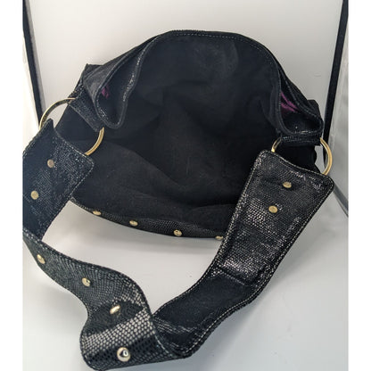 Glam Goth Kiki Pearl Black Suede & Faux Snakeskin Studded Shoulder Bag With Hot Pink Lining