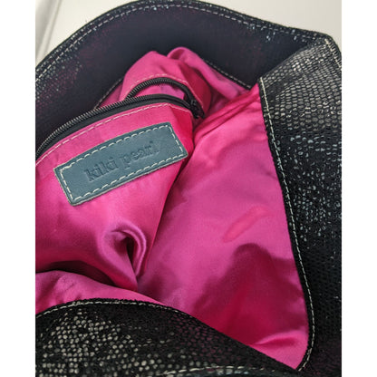 Glam Goth Kiki Pearl Black Suede & Faux Snakeskin Studded Shoulder Bag With Hot Pink Lining