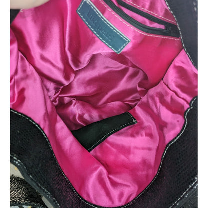 Glam Goth Kiki Pearl Black Suede & Faux Snakeskin Studded Shoulder Bag With Hot Pink Lining