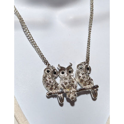 Vintage Triple Rhinestone Owl Necklace