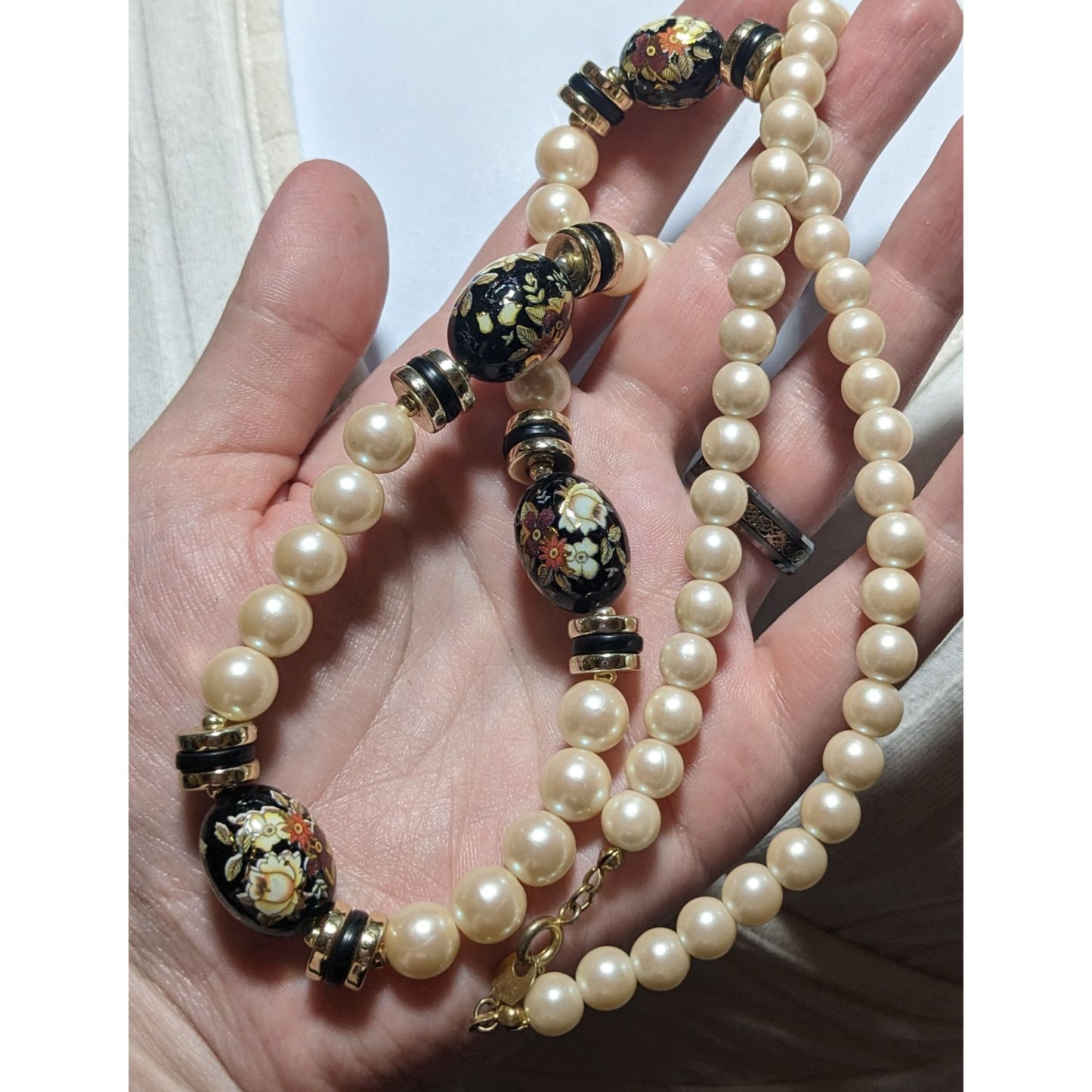 Vintage Cream And Black Pearl Floral Necklace