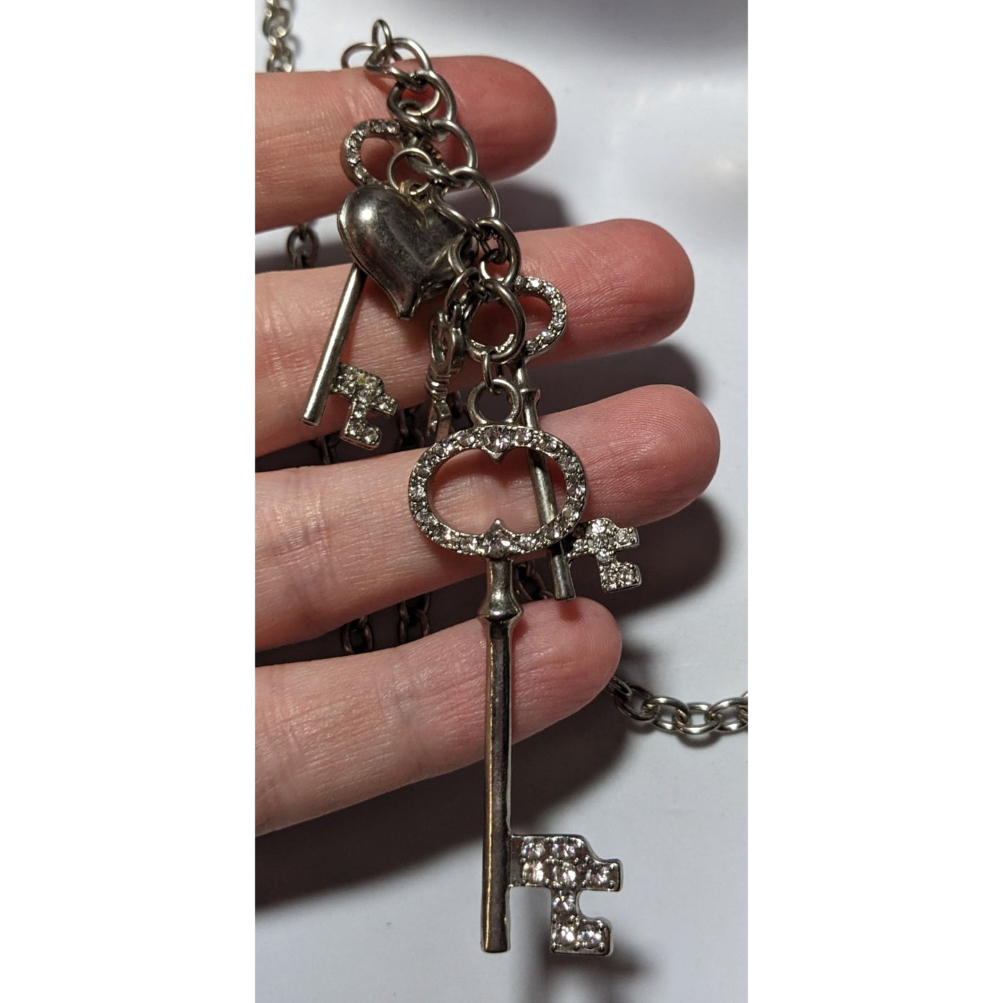 Silver Rhinestone Key Charm Cluster Necklace