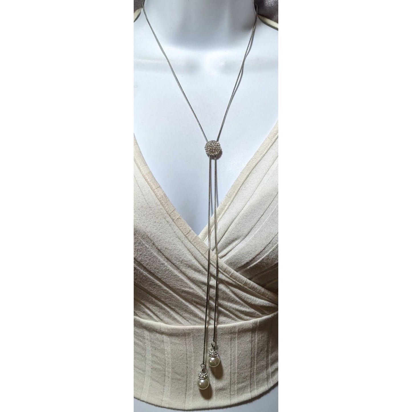 Silver Rhinestone Pearl Adjustable Bolo Necklace