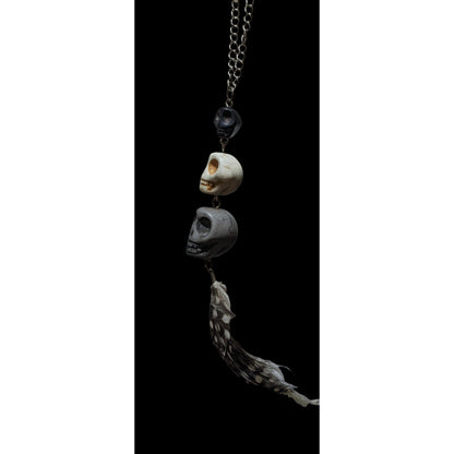 Triple Skull Beaded Feather Pendant Necklace