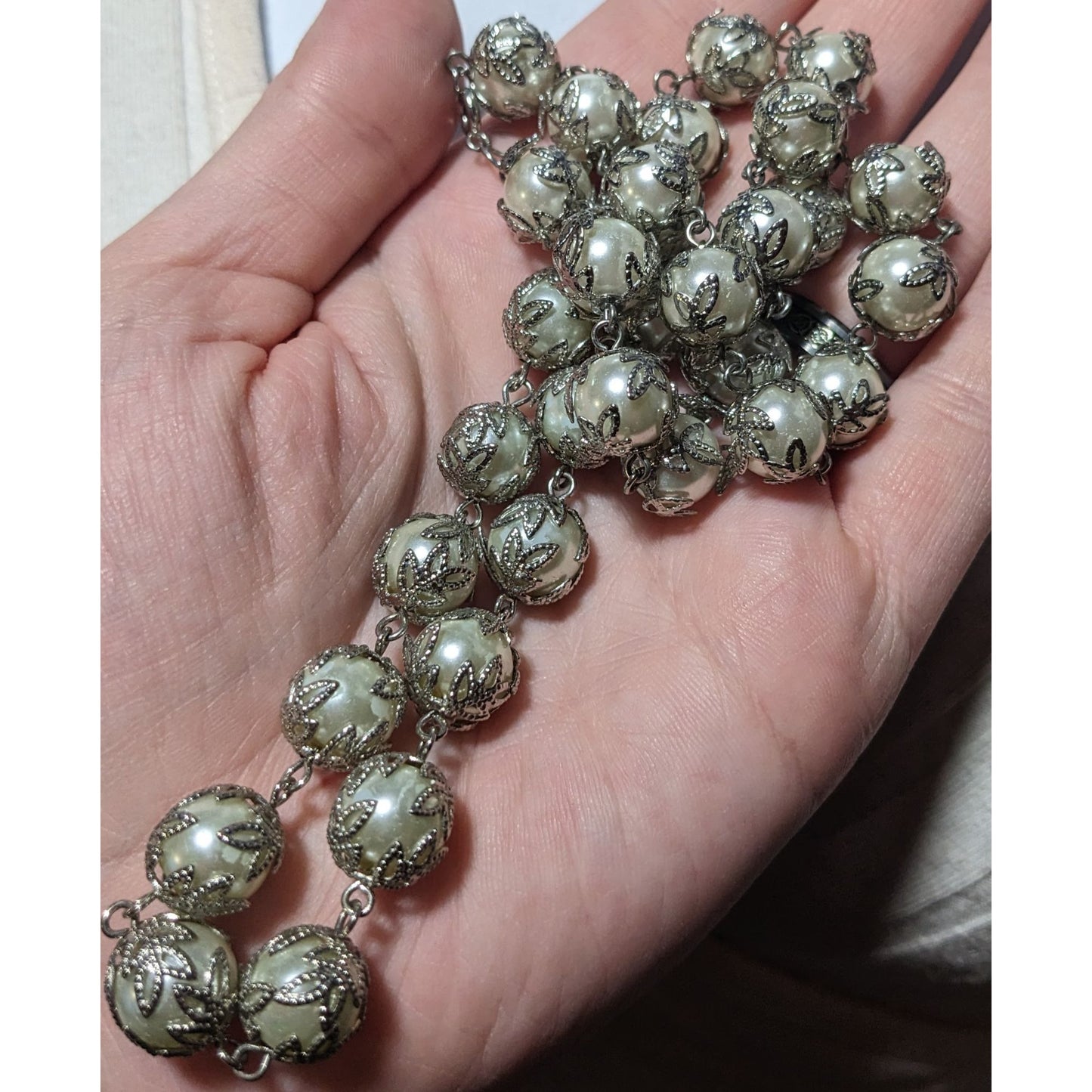 Whimsical Silver Leaf Capped Faux Pearl Necklace