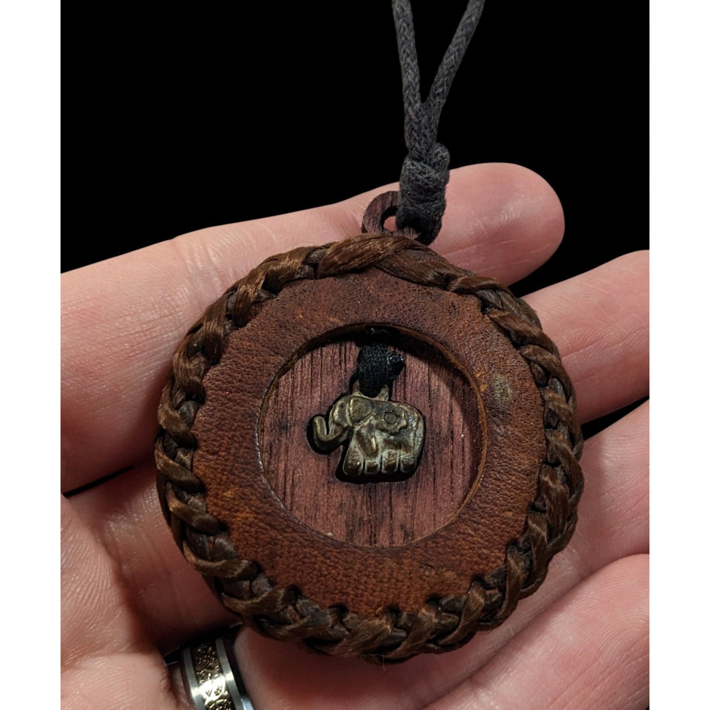 Vintage Bohemian Leather Wood And Metal Elephant Pendant Necklace