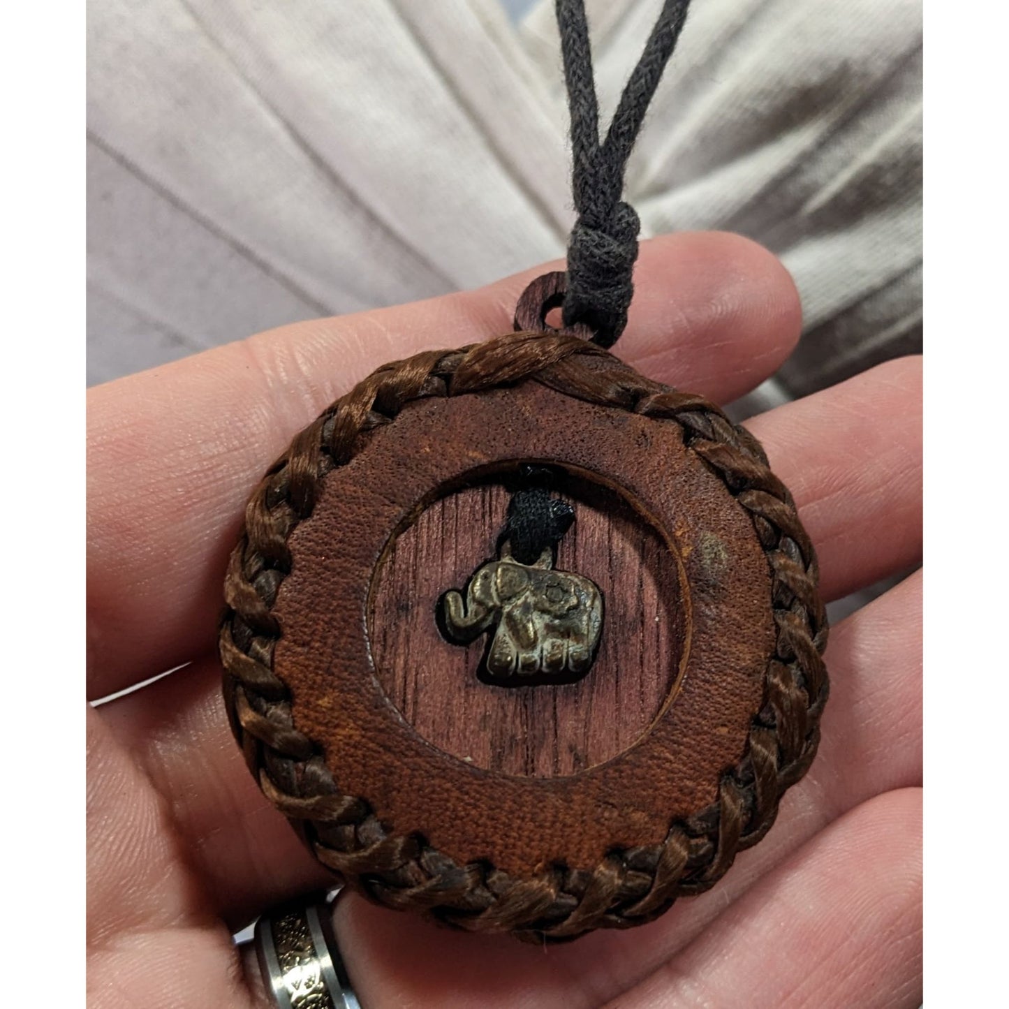 Vintage Bohemian Leather Wood And Metal Elephant Pendant Necklace