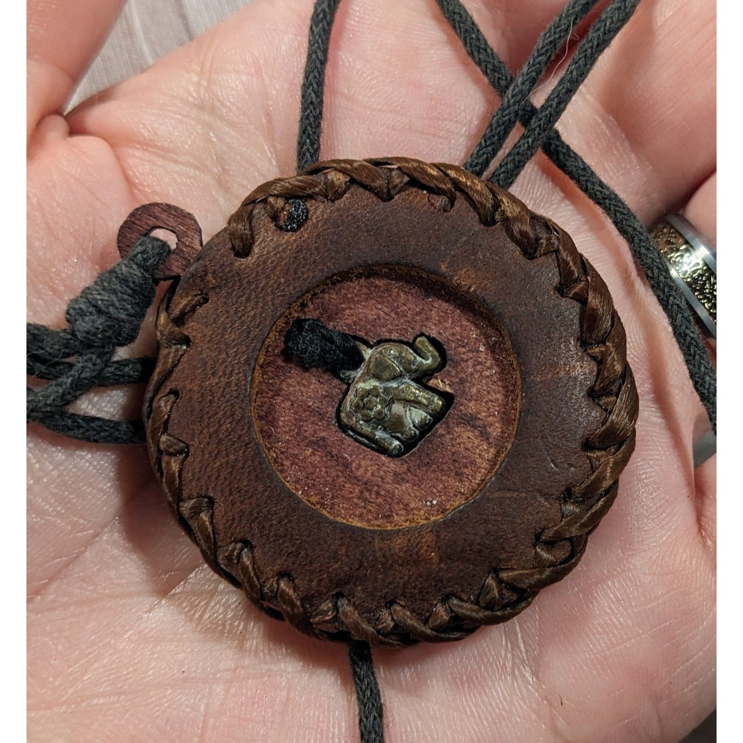 Vintage Bohemian Leather Wood And Metal Elephant Pendant Necklace