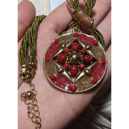 Red And Gold Bohemian Medallion Necklace