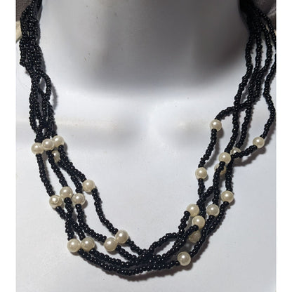 Black Glass Pearl Beaded Multilayer Necklace