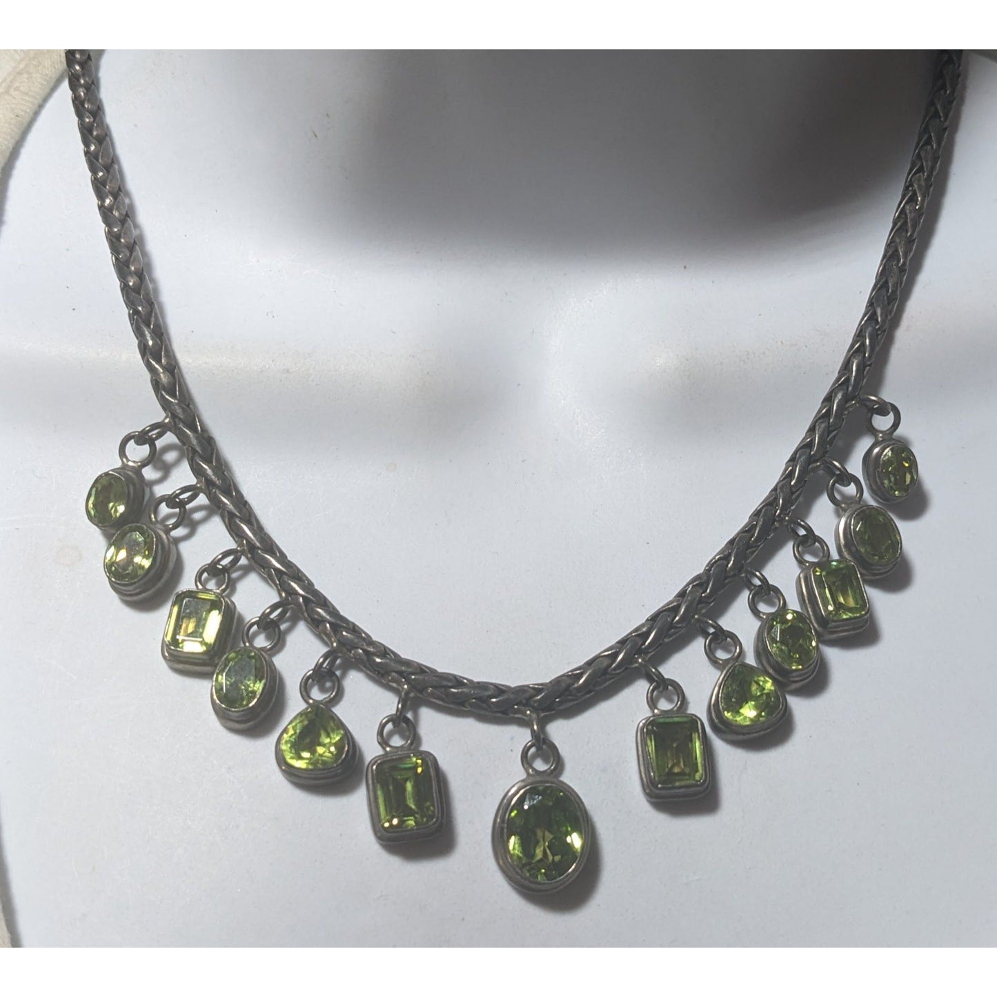 Vintage Sterling Silver Peridot Gemmed Fringe Necklace