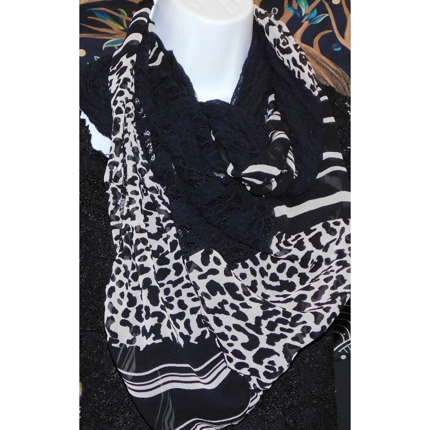 Black Lace & Animal Print Infinity Scarf With Abstract Pattern