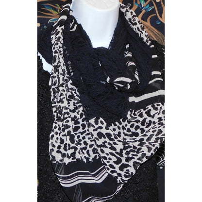 Black Lace & Animal Print Infinity Scarf With Abstract Pattern