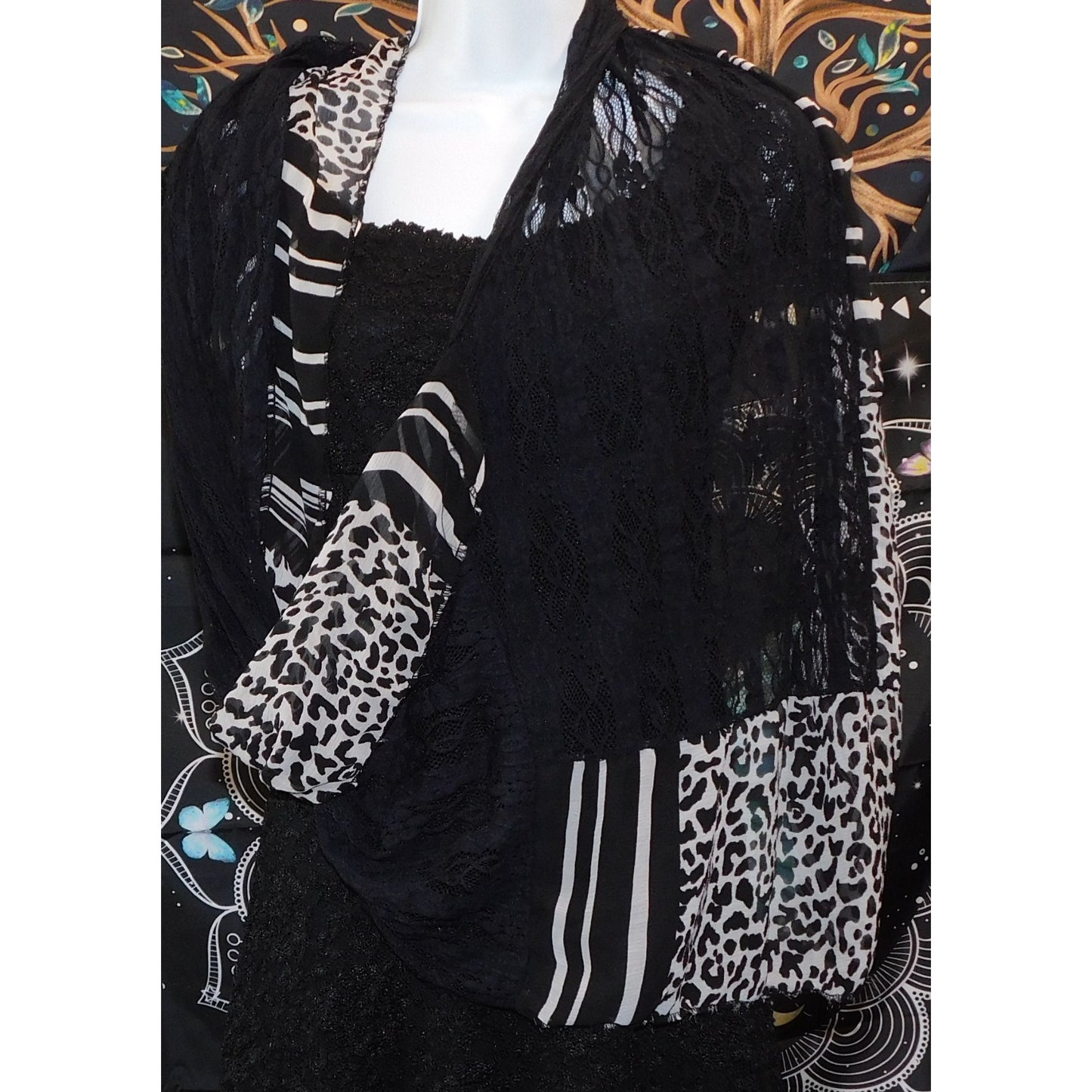 Black Lace & Animal Print Infinity Scarf With Abstract Pattern